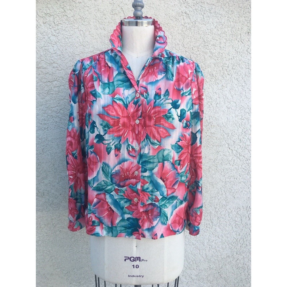 Graff California Women's Longsleeve Colorful Floral Blouse Scalloped Collar